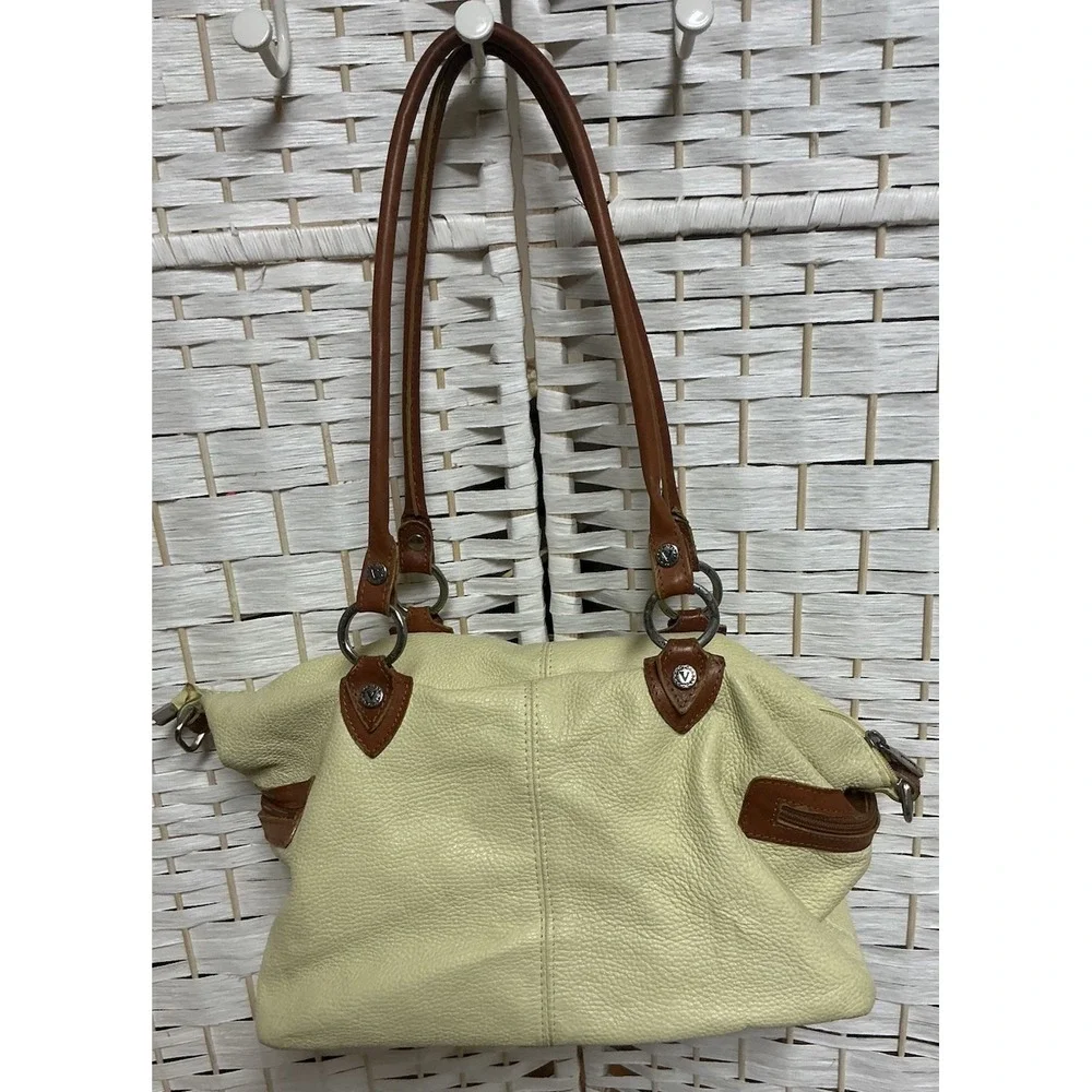 Valentina Made in Italy Yellow Pebbled Leather Handbag Brown Trim Satchel Purse
